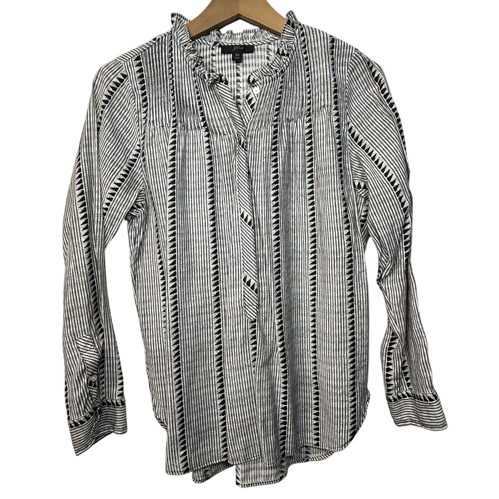 J.Crew Womens XS Cotton Top Long Sleeve Popover Blouse Printed Black White